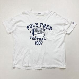 282 Champion チャンピオン クルーネック 半袖 ポケット Tシャツ ポケT サイズM ロゴワッペン アメフト カレッジ 白 レディース 40708P