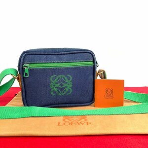 極 美品 希少品 袋付き LOEWE ロエベ アナグラム ロゴ キャンバス ショルダーバッグ ポシェット サコッシュ ブルー グリーン 784-5