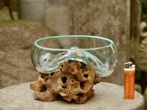 吹きガラスの花瓶+流木台座 h12cm アクアリウム水槽 テラリウム ガラスオブジェ メダカ鉢　玄関飾り 0330a