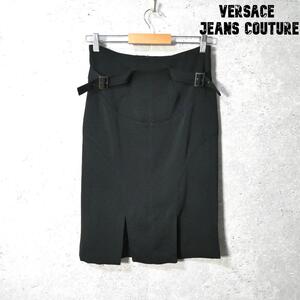 美品 Versace Jeans Couture ヴェルサーチジーンズクチュール サイズ24/38 サイドベルト スリット 膝丈 ミディ丈 タイトスカート ブラック