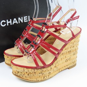 42565★1円スタート★CHANEL シャネル 極美品 ココマーク ウェッジソール 靴 シューズ 36 23cm サンダル パテントレザー コルク レッド