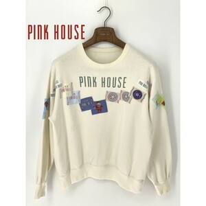 B0031/ビンテージ 80s 訳あり PINK HOUSE ピンクハウス コットン デカロゴプリント ワッペン 長袖 スウェット トレーナーL程 白 レディース