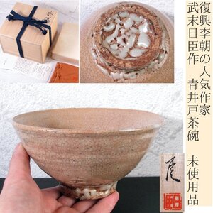 人気作家　武末日臣作　青井戸茶碗　幅：14.5cm　未使用品　共箱・共布・栞付　茶道具/24k042