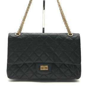 1円 良品 CHANEL シャネル 255 マトラッセ ヴィンテージカーフスキン Wフラップ Wチェーン ショルダー バッグ ブラック a5929