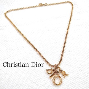 【美品】Christian Dior CD クリスチャン ディオール DIORロゴ ラインストーン 欠けなし スウィング ネックレス ヴィンテージ ゴールド