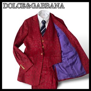 未使用級● DOLCE&GABBANA ドルチェ＆ガッバーナ スリーピース スーツ 総柄 ボルドー サイズ46 M 裏地パープル 金ボタン d178