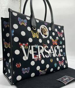 【未使用に近い】VERSACE ヴェルサーチ Dua Lipa デュア・リパ コラボ バタフライ トートバッグ 刺繍 キャンバス ドット柄 A4 ハンドバッグ