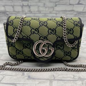 【美品】GUCCI グッチ ショルダーバッグ ポシェット 斜め掛け GGマーモント チェーン シルバー金具 キャンバス レザー 本革 グリーン 緑