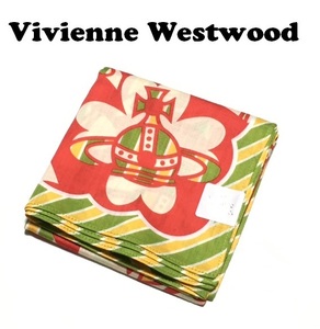 【Vivienne Westwood】(NO.5941）ヴィヴィアンウエストウッド ハンカチ 黄緑×赤系　オーブ総柄　未使用　47cm