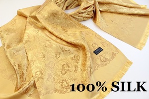 新品【SILK シルク100%】華 ペイズリー柄 大判 薄手 ストール/スカーフ GOLD 黄金 ゴールド系