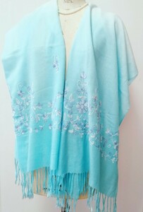 パシュミナ*pashmina*ストール*水色*カシミヤ*お花の刺繍*グラデーション*大判*カシミア*冷房対策