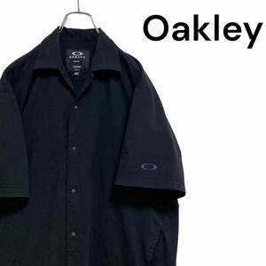 【人気】オークリー テック オープンカラーシャツ メンズ M 黒 古着 高機能 oakley ブラック 開襟シャツ アロハシャツ 半袖 ブラック