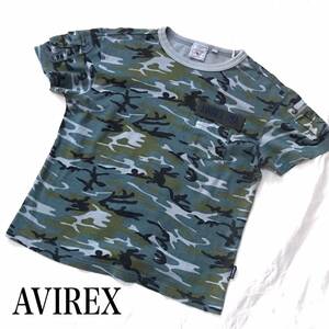 ★ AVIREX アヴィレックス ブルー 迷彩 カモフラ ロゴ ワッペン ファティーグ Tシャツ 半袖 L レディース ★　