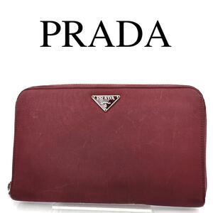 PRADA プラダ 長財布 ロゴプレート ラウンドファスナー ナイロン レッド系