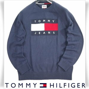 新品1円～★定価1.7万 TOMMY JEANSトミー ジーンズ メンズ 長袖 ロゴ コットン綿100%クルーネックニット L 紺 オーバーサイズ ◆5932◆