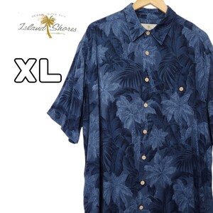 Island Shores 半袖シャツ 柄シャツ アロハシャツ ブルー 青 ヤシの木 古着 XL