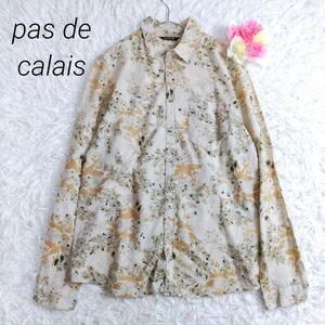 【美品】pas de calais　シアーブラウス　総柄　コットン　透け感 M パドカレ　長袖　春夏秋