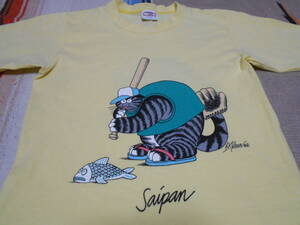 １９７０S CRAZY SHIRTS HAWAII BERNARD HAP B. KILBAN ARTIST CAT CARTOON VINTAGE SAIPAN ANTIQUES ビンテージ キャット 猫 野球選手