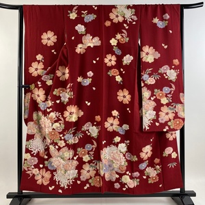 振袖 身丈155cm 裄丈65cm M 袷 やまと 牡丹 乱菊 縮緬 赤 正絹 美品 名品 【中古】