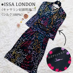 Issa london●極美品●ドレープロングワンピース イッサロンドン キャサリン妃御用達 カシュクール フレアロングドレス ロゴ入り総柄 S