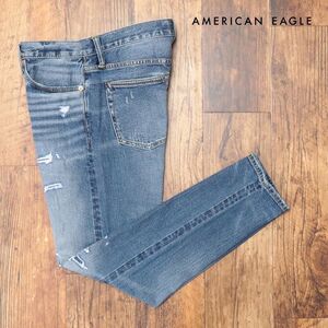 AMERICAN EAGLE/33インチ/美脚デニムパンツ 0122-6428 ダメージ リペア パッチワーク ストレッチ◎ 新品/青/ブルー/ih313/