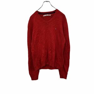 TOMMY HILFIGER ニットセーター レディース L レッド トミーヒルフィガー Vネック シンプル ロゴ 古着卸 アメリカ仕入 t2202-3213