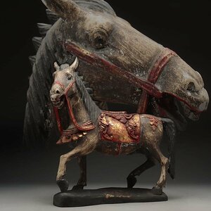 UT805 中国美術 唐物 木雕彩絵馬・木彫彩色塗金「馬」 置物(擺件) 幅33cm 重1.8kg 中国古玩