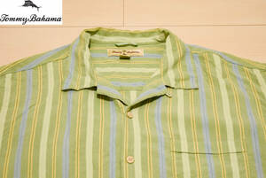 TommyBahama トミーバハマ 高級 シルク 100% ココナッツボタン 開襟 オープンカラー ストライプ 半袖 アロハシャツ XL 夏 (R0052013)