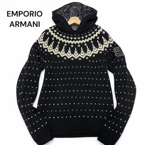 美麗品◎Lサイズ!!エンポリオアルマーニ【圧巻のデザイン】EMPORIO ARMANI EA7 ニット フード付き セーター ロゴ ワッペン 秋冬◎メンズ