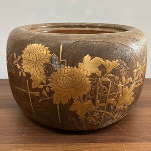 螺鈿金蒔絵 桐火鉢銅 落とし 木製 花蝶 手あぶり 丸火鉢 螺鈿細工 煎茶道具 工芸 当時物 骨董 古美術 古道具 古美術 茶道具 古民具 