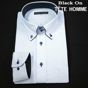 新品1円～★Black On TETE HOMME テットオム 長袖 形態安定 衿パイピングドゥエボットーニ ボタンダウンシャツ L 41-84 ブルー ◆3990◆