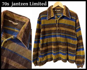 送料無料 G① 希少 70s ビンテージ USA製 jantzen Limited ジャンセン リミテッド 長袖 ボーダー パイル ビーチ ポロシャツ 約Lサイズ相当