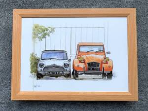  ■BOW。池田和弘『Mini & Citroen 2CV』B5サイズ 額入り 貴重イラスト 印刷物 ポスター風デザイン 額装品 アートフレーム インテリア 旧車