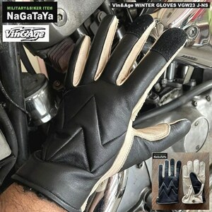 Vin&Age VGW23 J-NS EARLY WINTER GLOVES 牛革 ウインターグローブ ジャジッドパターン 黒×アイボリー 手袋 Lサイズ バイカーグローブ