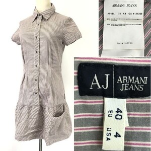 アルマーニジーンズ/ARMANI JEANS★ストライプ柄/半袖/シャツワンピース【40/S-M程度/グレー×ピンク】訳特価/Shirts/dress◆pBH736