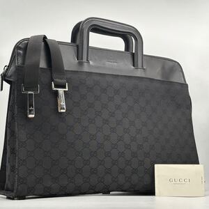 1円/極美品●GUCCI グッチ 2way GGキャンバス レザー メンズ ビジネスバッグ トートバッグ ブリーフケース ショルダー 3層 A4 ブラック 黒