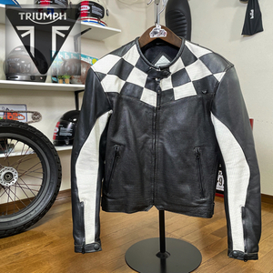 ☆TRIUMPH トライアンフ パンチングレザージャケット ブラック&ホワイト/52（L相当）肩肘プロテクター②メッシュ シングルライダース