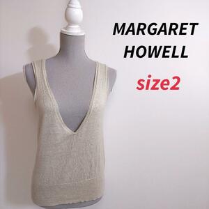 MARGARET HOWELL リネン素材・Vネック薄手ベスト・ジレ 表記サイズ2 M ライトベージュ マーガレット・ハウエル 麻 81219