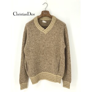 A8166/訳あり 春夏 Christian Dior クリスチャンディオール Vネック 長袖 ネップ ニット リブ セーター M程 茶/メンズ カーディガン