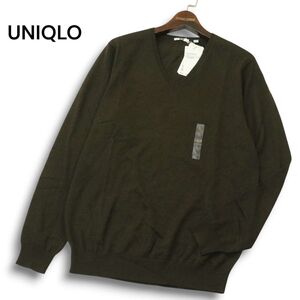 【新品 21AW】 UNIQLO ユニクロ エクストラファイン メリノ ウール100％★ Vネック ニット セーター Sz.L　メンズ 未使用　A4T12221_B#K