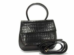 1円 ■美品■ Salvatore Ferragamo フェラガモ DK-21 6191 クロコダイル型押しレザー 2WAY ハンドバッグ ショルダー ブラウン系 AZ4538