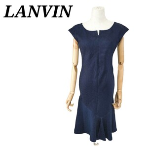 ランバン LANVIN 美品 ノースリーブワンピース ドレス ひざ丈 ドット柄 紺色 ネイビー 38 M相当 日本製 レディース