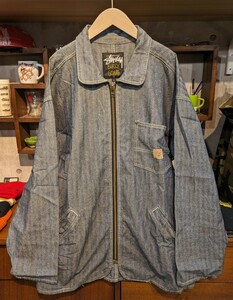 レア！USA製 オールド STUSSY ステューシー 80s 90s 黒タグ ヒッコリーストライプ ワーク JKT Lサイズ ビンテージ VINTAGE 