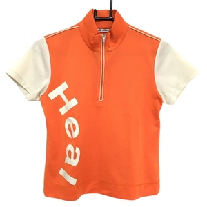 【美品】ヒールクリーク 半袖ハイネックシャツ オレンジ×ベージュ ハーフジップ レディース 40(M) ゴルフウェア Heal Creek