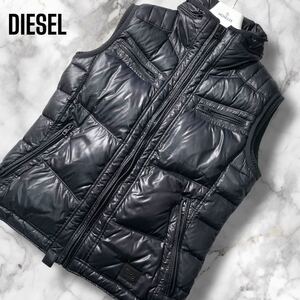 希少XL相当!!!極美品◎ DIESEL ダウンベスト ニット切替 ジャケット ロゴプレート アウター 肉厚 フード収納 フェザー ネイビー ディーゼル