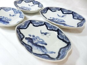 染付 舟形皿 4枚 鳥花図 変形 楕円 時代物 陶磁器