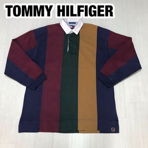 TOMMY HILFIGER トミー ヒルフィガー 長袖ポロシャツ L マルチカラー 切り返し ストライプ 刺繍ロゴ ラガーシャツ オールド