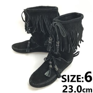 Minnetonka/ミネトンカ★フリンジモカシンブーツ【size:6/23.0/black/黒】スエード/Leather/Boots/shoes◆sWB111-6