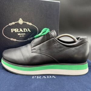 1円 【極美品】 PRADA プラダ 【王者の貫禄】 メンズ ローカット スニーカー シューズ 靴 ロゴ レザー 厚底 ブラック 黒 25.0cm相当