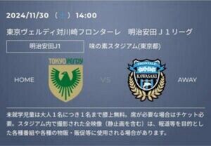 2024/11/30 14:00 東京ヴェルディ対川崎フロンターレ 明治安田Ｊ１リーグ 味の素スタジアム ホーム自由 2枚セット ペア